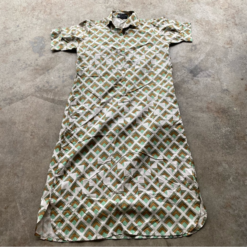 Vintage Jim Thompson Geometric Patterned Shirt Maxi Dress in Green and Cream